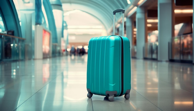 Blue suitcase in airport terminal Travel concept 3D Rendering