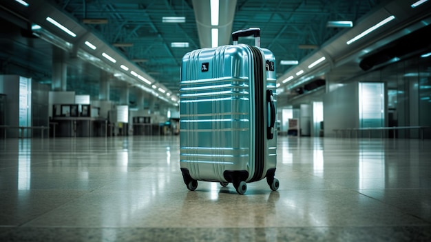 Photo blue suitcase in airport terminal travel concept generative ai