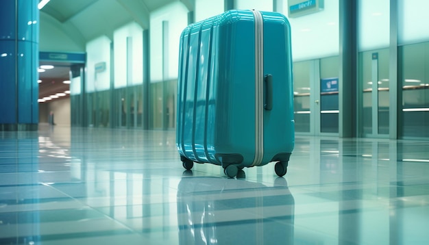 Синий чемодан в коридоре современного аэропорта