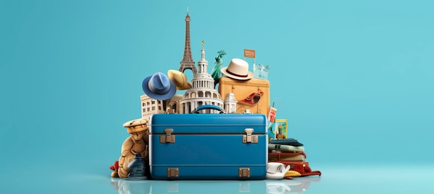 Blue suitcase full of landmarks and travel accessories on blue background Generative AI