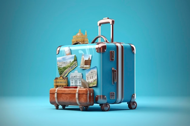 파란색 배경에는 랜드마크와 여행 액세서리가 가득한 파란색 여행가방