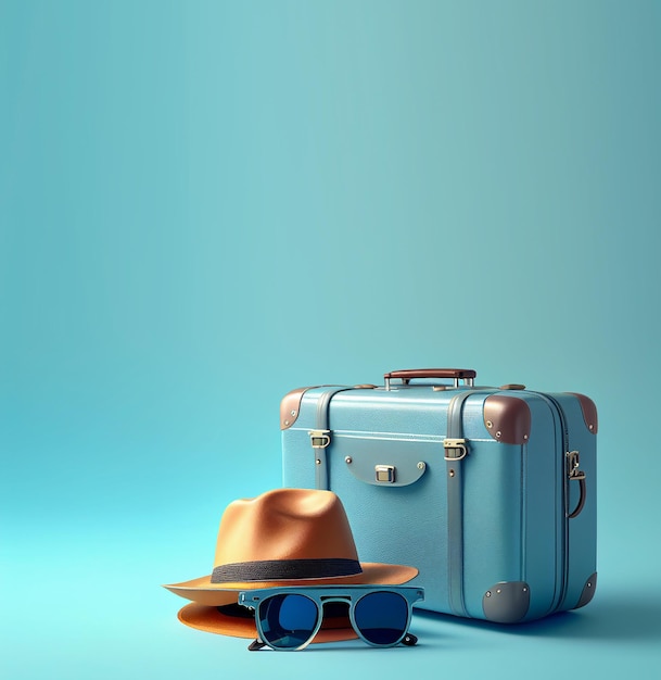 A blue suitcase and hat are on a blue background.