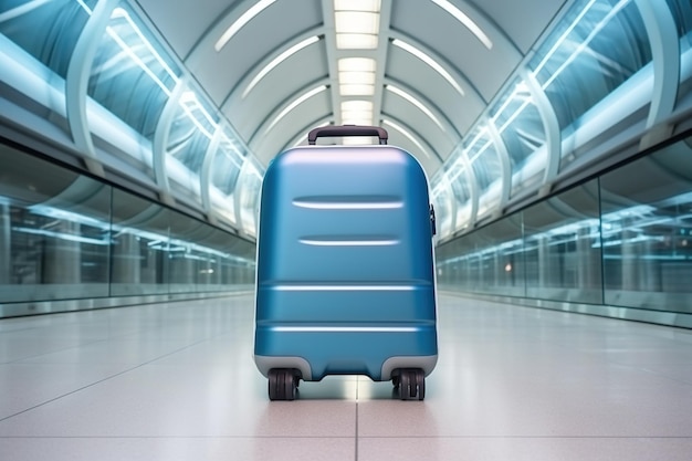 A blue suitcase is sitting in a hallway generative ai image