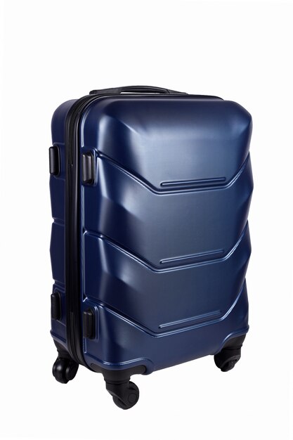 白で隔離される青いスーツケース