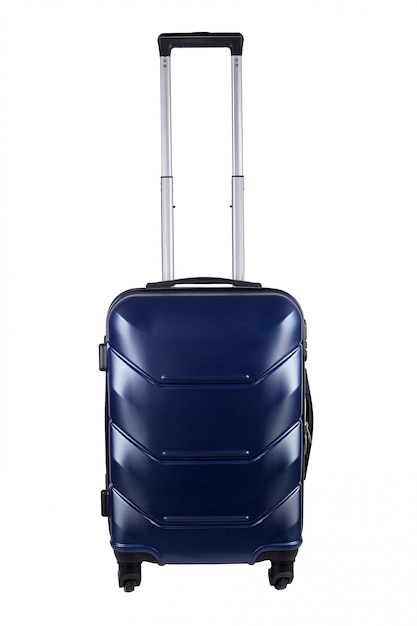 白で隔離される青いスーツケース