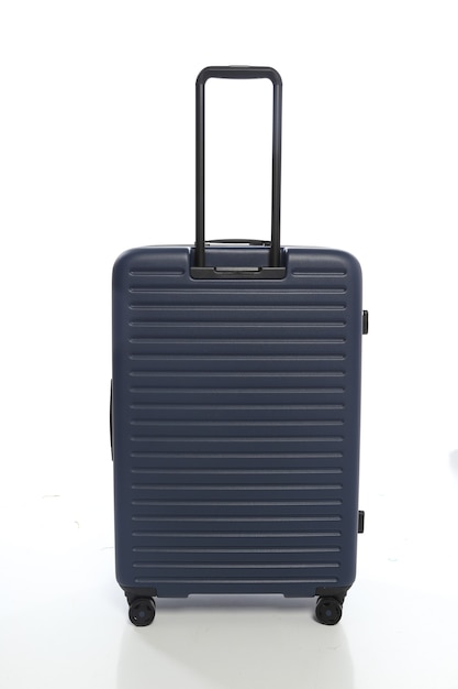 Photo blue 
suitcase on white background