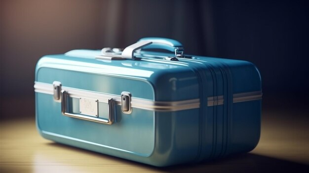 A blue suitcase with brown trim and brown trim sits on a blue surfacegenerative ai