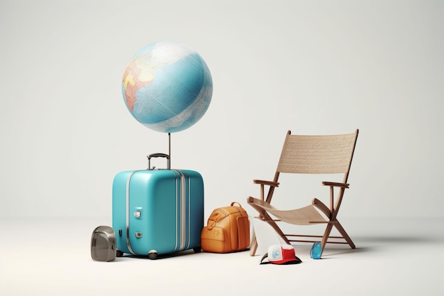 Синий чемодан с глобусом стоит на стуле.