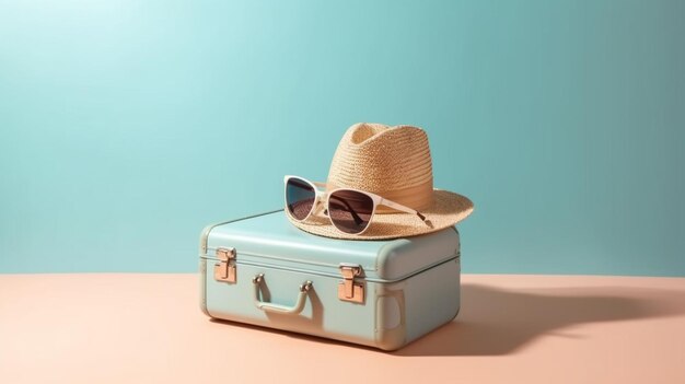 A blue suitcase with a hat and sunglasses sits on a table.