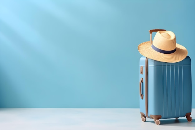 A blue suitcase with a straw hat on top sits on a table.