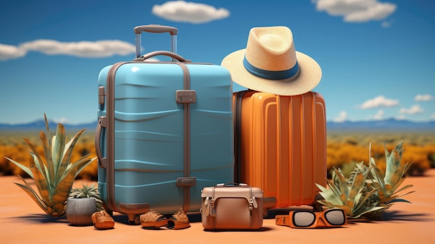 blue suitcase with sunglasses hat and camera Generative Ai