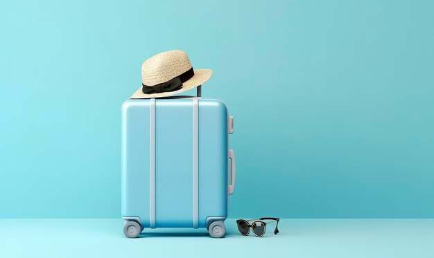 Blue suitcase with sunglasses on a pastel blue backgroundtravel concept