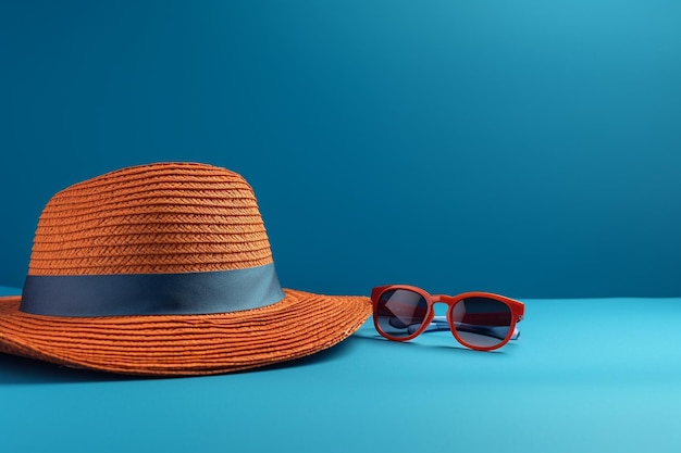 파란색 배경에 파란색 여름 해변 모자와 선글라스