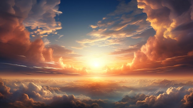 Blue sun rises from behind the clouds in the early morning vivid stage backdrops style bright red and yellow