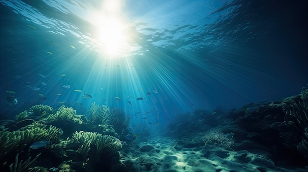 Blue sunlight illuminating underwater sea creates stunning marine photography Generative AI