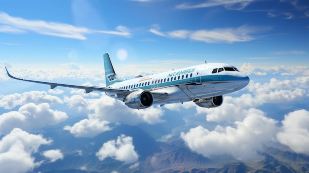 a blue sunny sky with white clouds and a plane in the foreground