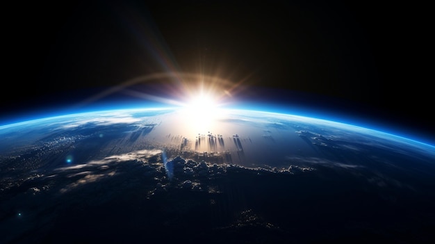 Синий восход солнца вид на землю из космоса