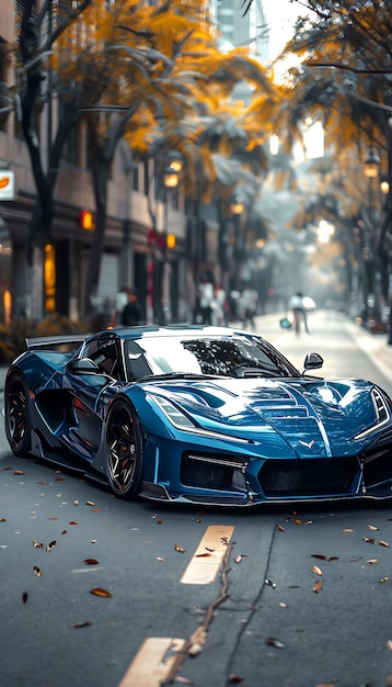 a blue supercar that is parked on the street