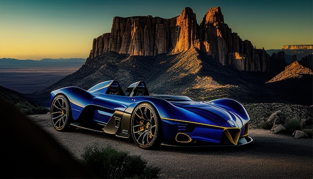 Photo a blue supercar with a mountain in the background