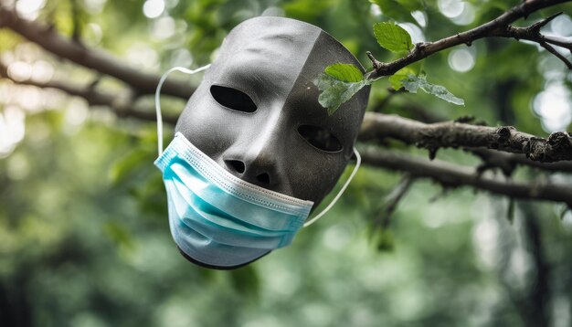 Photo a blue surgical mask on a tree branch