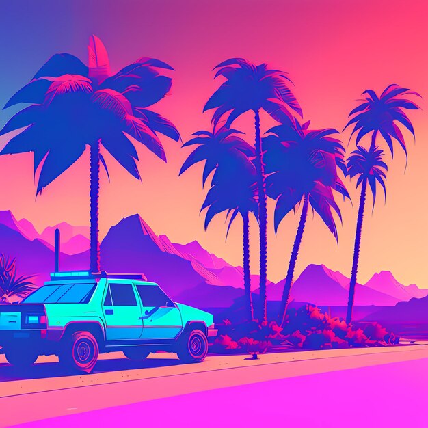 A blue suv parked in front of a cactus tree and with a purple and blue sky ai