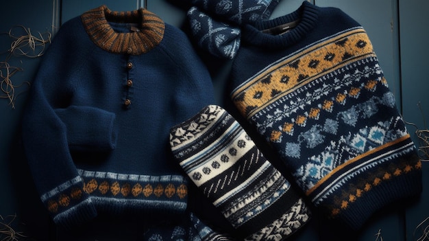 A blue sweater with a pattern on it