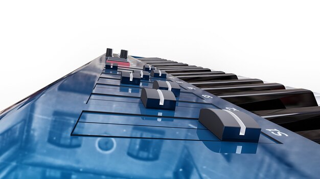 Blue synthesizer MIDI keyboard on white surface