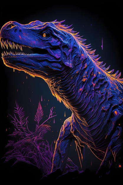 A blue t - rex with purple and orange flames on the back.