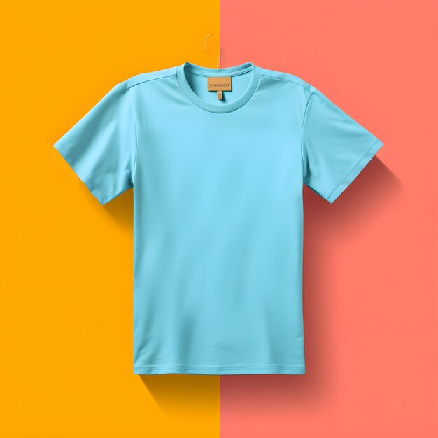 A blue t - shirt hanging on a yellow and orange background