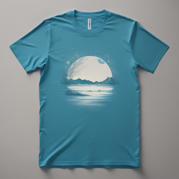a blue t - shirt with a moon and a sunset on it.