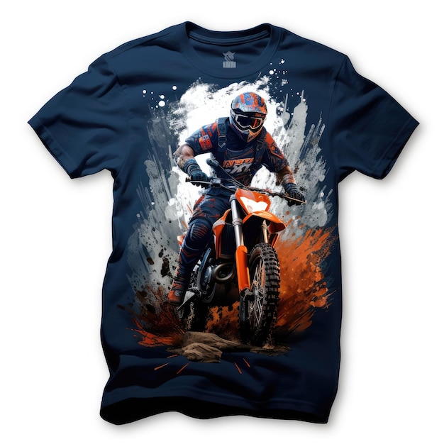 Foto una maglietta blu con una foto di un motociclista