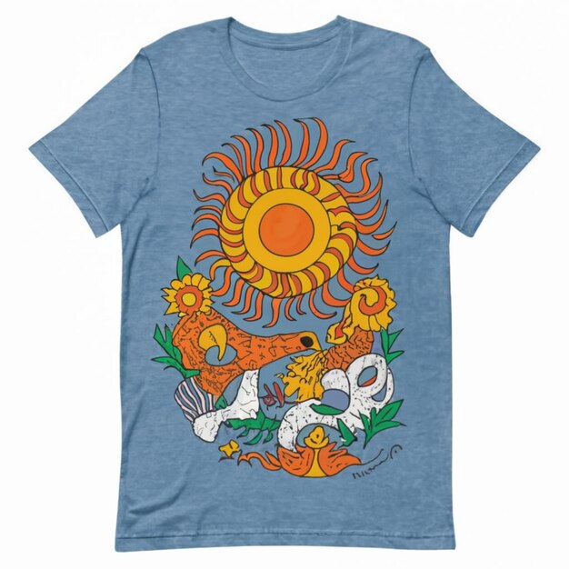 a blue t shirt with sunflowers on it is showing a sun