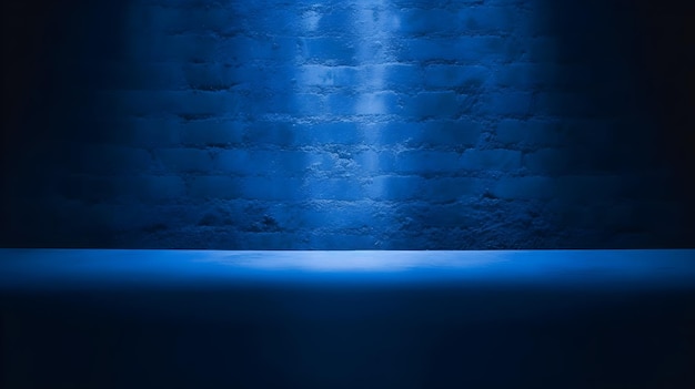 A blue table in a dark room with a white table and the light from the top.