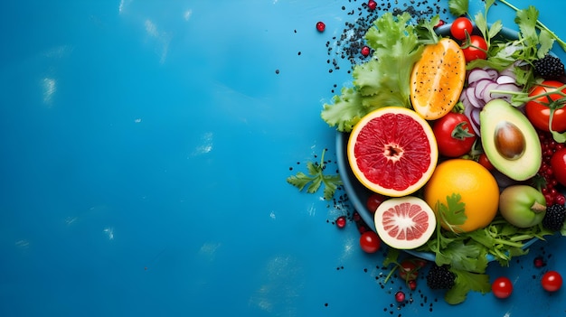 Blue Table Laden with Healthy Meal Ingredients