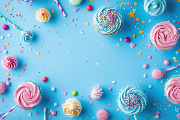 Photo blue table top on blue background with decorated lollipops and cupcakes children birthday party