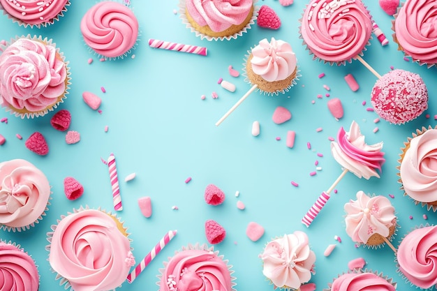 Blue table top on blue background with decorated pink lollipops and cupcakes children birthday party