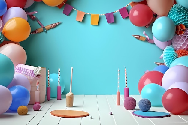 풍선이 달린 파란 테이블과 '생일 축하합니다'라는 현수막
