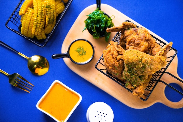 A blue table with a basket of fried chicken and corn on it