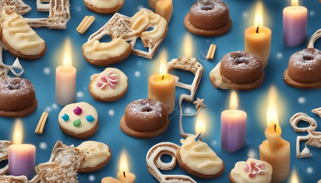 Photo a blue table with a bunch of cookies and a candle on it