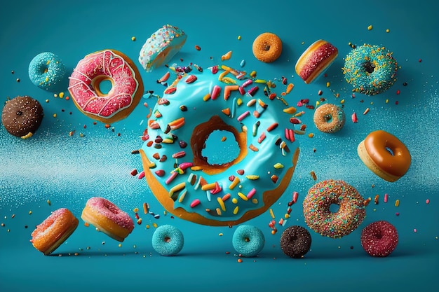 A blue table with a bunch of donuts and sprinkles on it