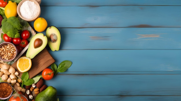 A blue table with a bunch of fruits and vegetables on it