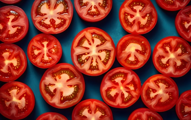 A blue table with a bunch of sliced tomatoes on it