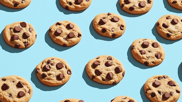 Photo a blue table with chocolate chip cookies and chocolate chips on it