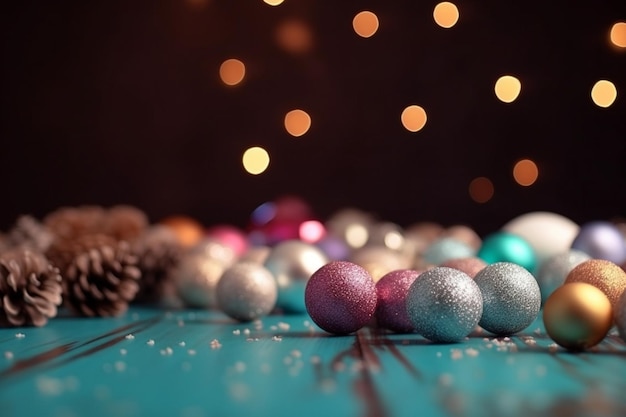크리스마스 트리와 크리스마스 장식이 있는 파란색 테이블