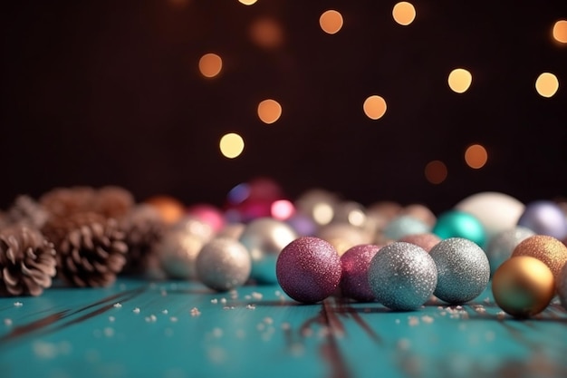 A blue table with a christmas tree and a christmas decoration on it