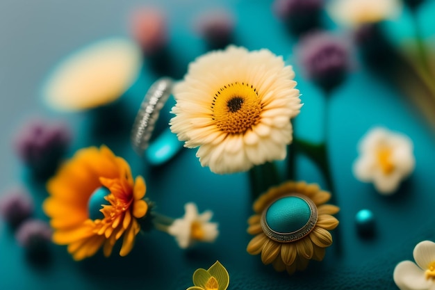 A blue table with flowers and a blue tablecloth