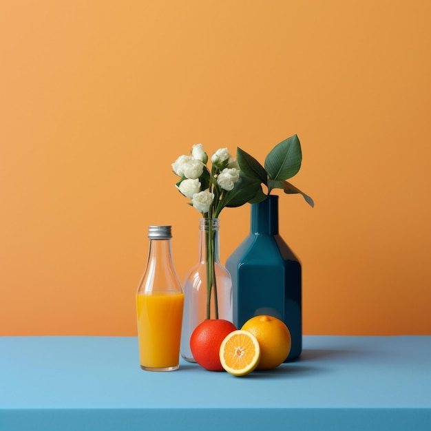 Photo a blue table with oranges, oranges, and a bottle of orange juice.