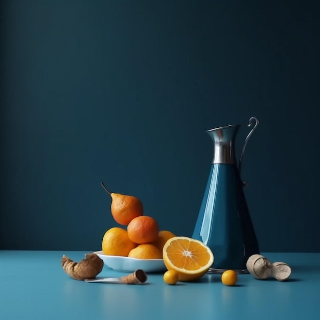 オレンジ、梨、オレンジ ジュースのボトルが置かれた青いテーブル。