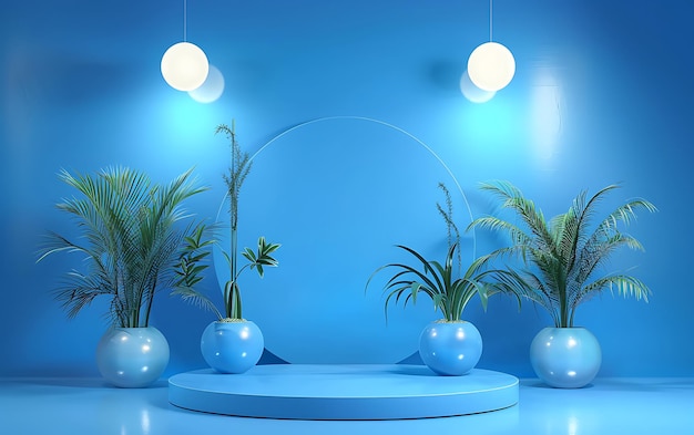 a blue table with plants and vases on it