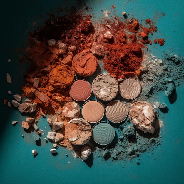 A blue table with powders and a blue background